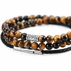 Neshraw Tiger's Eye & Black Leather Bracelet Set -MEN'S BRACELETS Sales Store cgfkuyguygh