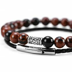 Neshraw Brown Natural Stone & Braided Leather Band Bracelet Set -MEN'S BRACELETS Sales Store cvbutkgvbh j