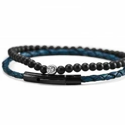 Lucleon Navy Blue Leather & Black Stone Bracelet Set -MEN'S BRACELETS Sales Store cvfkhmbjhn