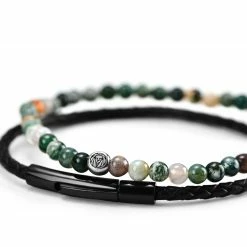 Lucleon Black Leather & Green-Tone Stone Bracelet Set -MEN'S BRACELETS Sales Store cvghvm