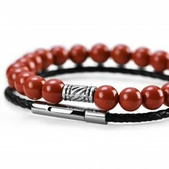 Neshraw Red Agate & Braided Leather Band Bracelet Set -MEN'S BRACELETS Sales Store cvgjjhbn