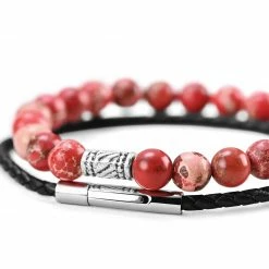Neshraw Soft Red Agate & Braided Leather Band Bracelet Set -MEN'S BRACELETS Sales Store cvjgjhnh