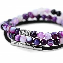 Neshraw Violet Natural Stone & Black Leather Bracelet Set 7 Neshraw Violet Natural Stone & Black Leather Bracelet Set -MEN'S BRACELETS Sales Store cvkgjhgb