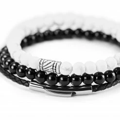 Neshraw Black & White Agate & Leather Cord Bracelet Set 7 Neshraw Black & White Agate & Leather Cord Bracelet Set -MEN'S BRACELETS Sales Store cvukgjh