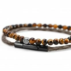 Lucleon Grey Leather & Tiger's Eye Bracelet Set -MEN'S BRACELETS Sales Store cvyghjgj