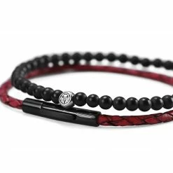 Lucleon Bordeaux Leather & Black Natural Stone Bracelet Set -MEN'S BRACELETS Sales Store cvykvhjb