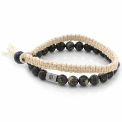 Lucleon Black & Natural Stone & Braided White Cotton Bracelet Set