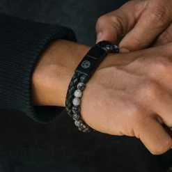 Lucleon Icon | Black Leather & Grey Jasper Double Bracelet -MEN'S BRACELETS Sales Store dsc5960dada 1