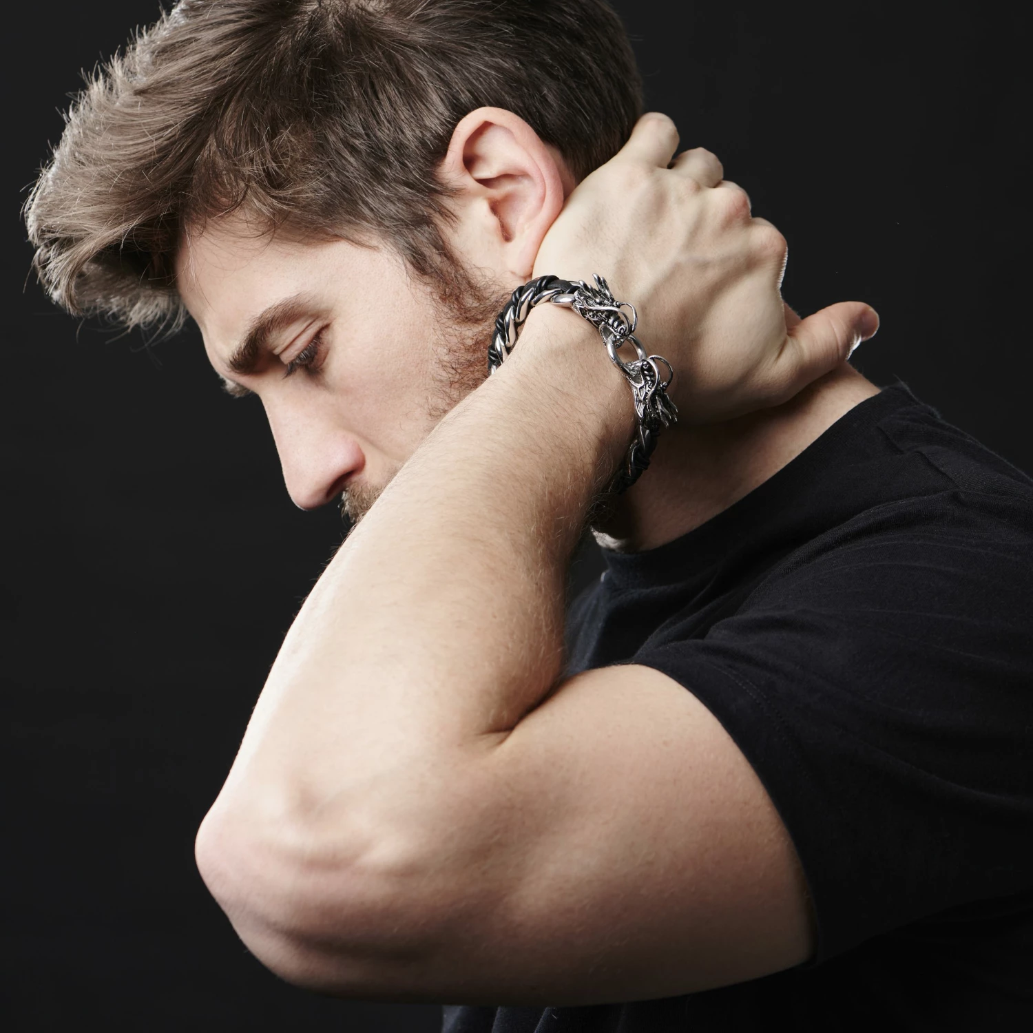 Fort Tempus Black Leather & Stainless Steel Curb Chain Dragon Bracelet 5 Fort Tempus Black Leather & Stainless Steel Curb Chain Dragon Bracelet - Image 5