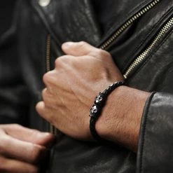 Fort Tempus All Black Braided Leather Cord Skull Bracelet -MEN'S BRACELETS Sales Store jwm megashoot bracelets 11624 1