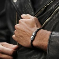 Fort Tempus Black Braided Leather Rope & Stainless Steel Skull Bracelet -MEN'S BRACELETS Sales Store jwm megashoot bracelets 11627 1