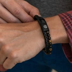 Lucleon Black Leather & Yellow Tiger's Eye Double Bracelet -MEN'S BRACELETS Sales Store kdkdkdkd 1