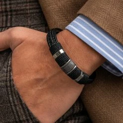 Lucleon Icon | Black Leather & Silver-Tone Stainless Steel Bracelet -MEN'S BRACELETS Sales Store lalalalal 1 1