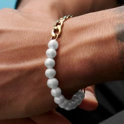Lucleon Amager | Gold-Tone Stainless Steel Curb Chain & Pearl Bracelet -MEN'S BRACELETS Sales Store rst acpa collectionpage gold 23105 silver 23101 black 23109 bjarkejohansen 2 3 bm