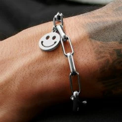 Lucleon Amager | Silver-Tone Stainless Steel Curb & Cable Chain Smiley Bracelet -MEN'S BRACELETS Sales Store rst acpa collectionpage gold23129 silver23125 black23133 bjarkejohansen 2 2 bm