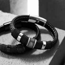Lucleon Icon | Black Leather & Silver-Tone Stainless Steel Bracelet -MEN'S BRACELETS Sales Store rst mpvd vday21 ig 20251 20257 14