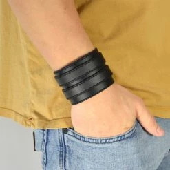 Collin Rowe Simple Black Double Locked Leather Cuff Bracelet -MEN'S BRACELETS Sales Store sort dobbelt la st l derarmba nd
