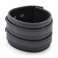 Collin Rowe Simple Black Double Locked Leather Cuff Bracelet