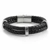 Fort Tempus Black Braided Leather Rope & Stainless Steel Double Bracelet