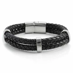Fort Tempus Black Braided Leather Rope & Stainless Steel Double Bracelet