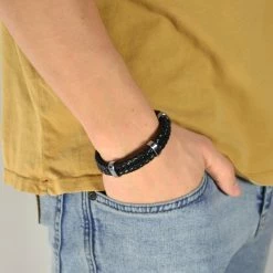 Fort Tempus Black Braided Leather Rope & Stainless Steel Double Bracelet -MEN'S BRACELETS Sales Store sort double bolo flettet l derarmba nd