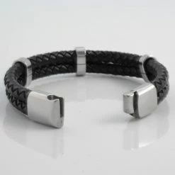 Fort Tempus Black Braided Leather Rope & Stainless Steel Double Bracelet -MEN'S BRACELETS Sales Store sort double bolo flettet l derarmba nd 3