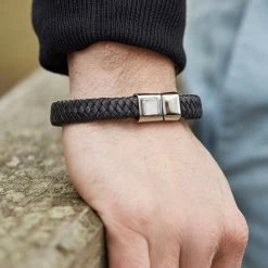 Fort Tempus Robust Black Braided Leather Bracelet -MEN'S BRACELETS Sales Store sq