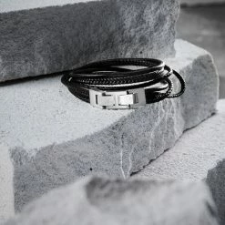 Lucleon Roy | Black Leather & Stainless Steel Wrap Bracelet -MEN'S BRACELETS Sales Store ste ig lucleon bracelet 8 14440 1