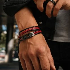 Lucleon Roy | Black & Red Leather & Stainless Steel Wrap Bracelet -MEN'S BRACELETS Sales Store trendhim september 2020 set 10 1194 sq