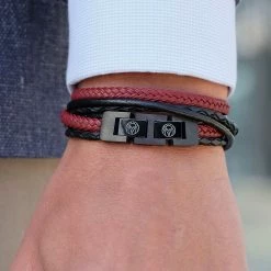Lucleon Roy | Black & Red Leather & Stainless Steel Wrap Bracelet -MEN'S BRACELETS Sales Store two colours leather bracelet