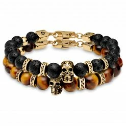 Arkai Rico | Gold-Tone Lava Rock & Tiger's Eye Skull Bracelet Set